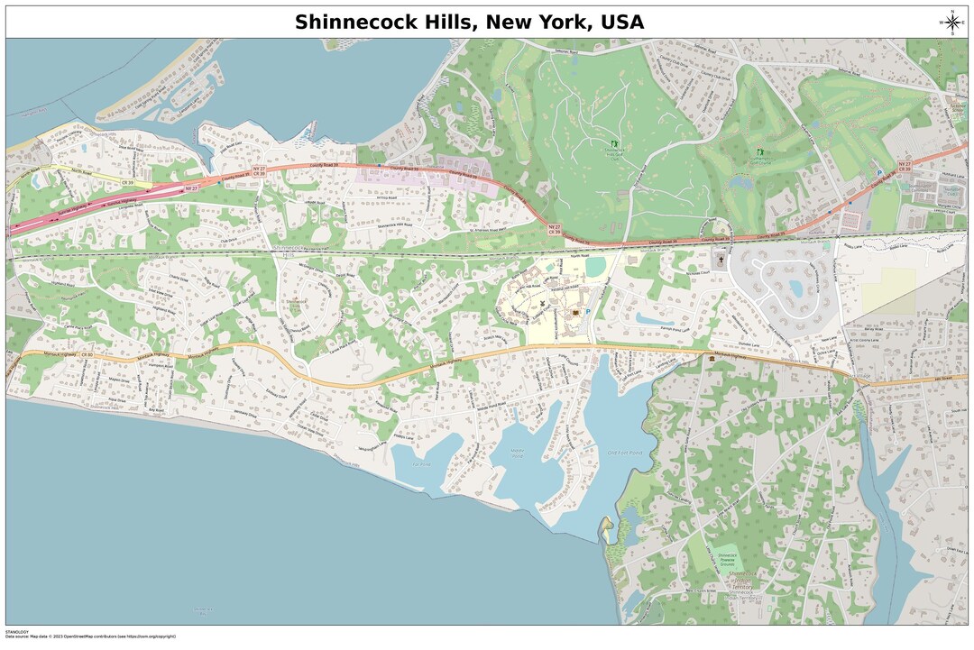 Shinnecock Hills, New York Map With STREET LABELS, Digital Print Poster ...