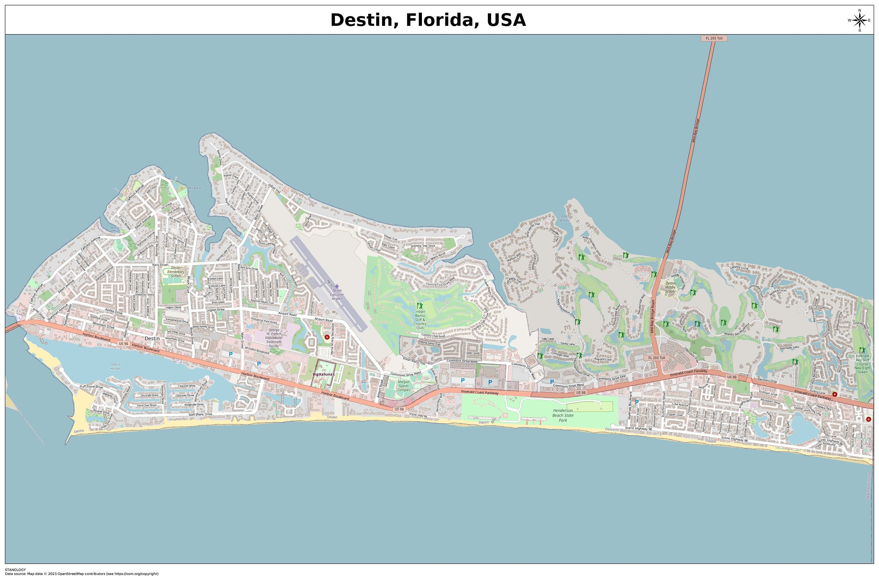 Destin, Florida Map With STREET LABELS, Digital Print Poster, Printable Map, City Street Road