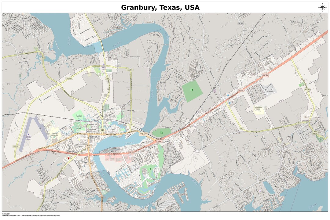 Granbury, Texas Map With STREET LABELS, Digital Print Poster, Printable Map, City Street Road