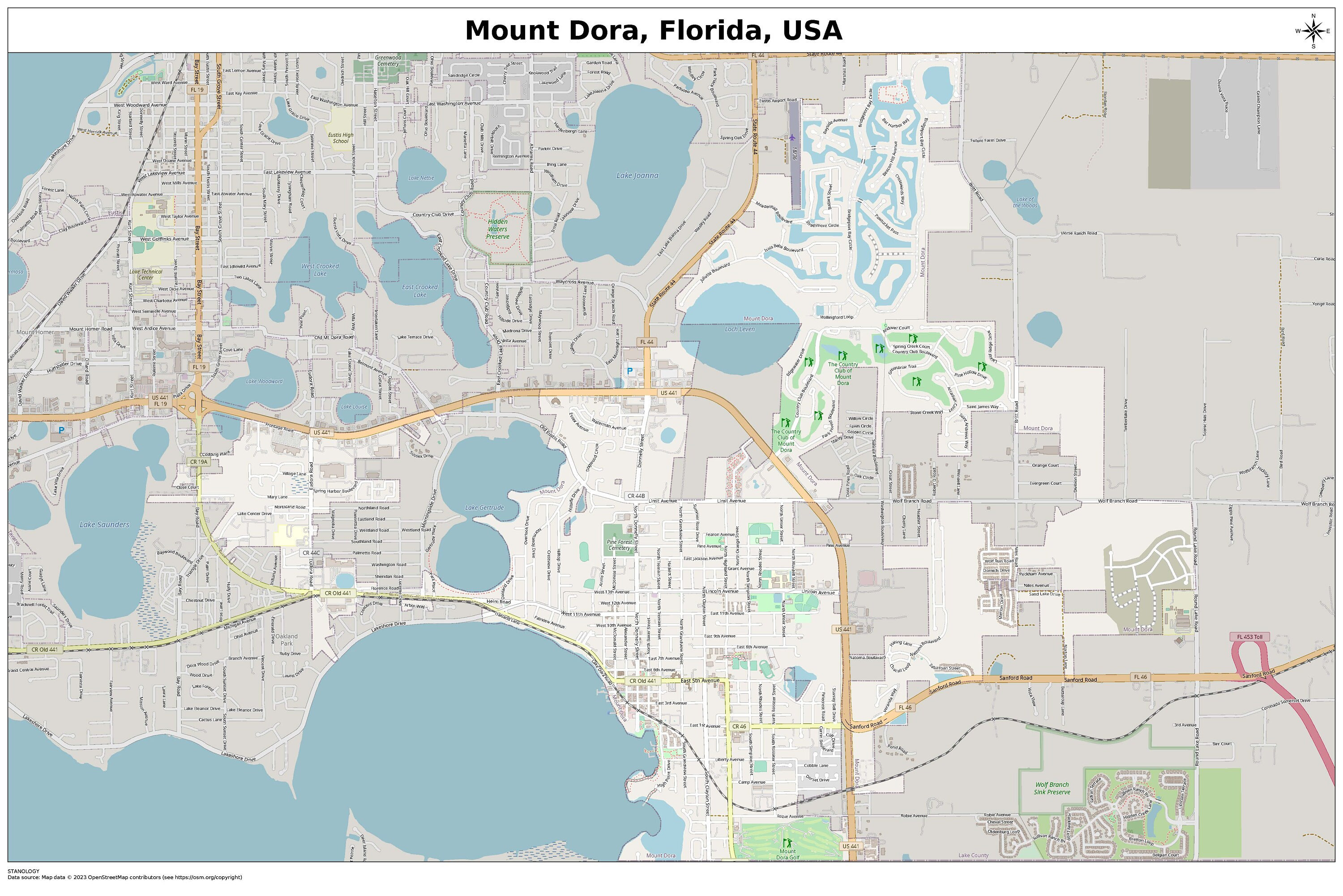 Mount Dora, Florida Map With STREET LABELS, Digital Print Poster 