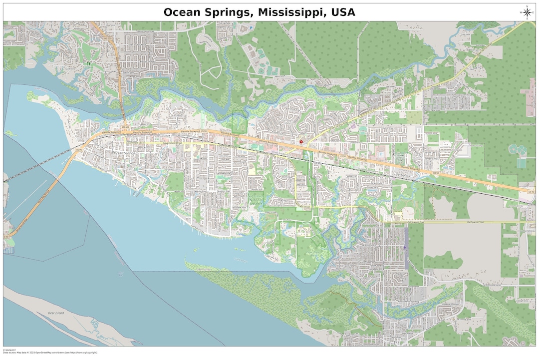 Ocean Springs, Mississippi Map With STREET LABELS, Digital Print Poster Ocean Springs, Mississippi Map With STREET LABELS, Digital Print Poster