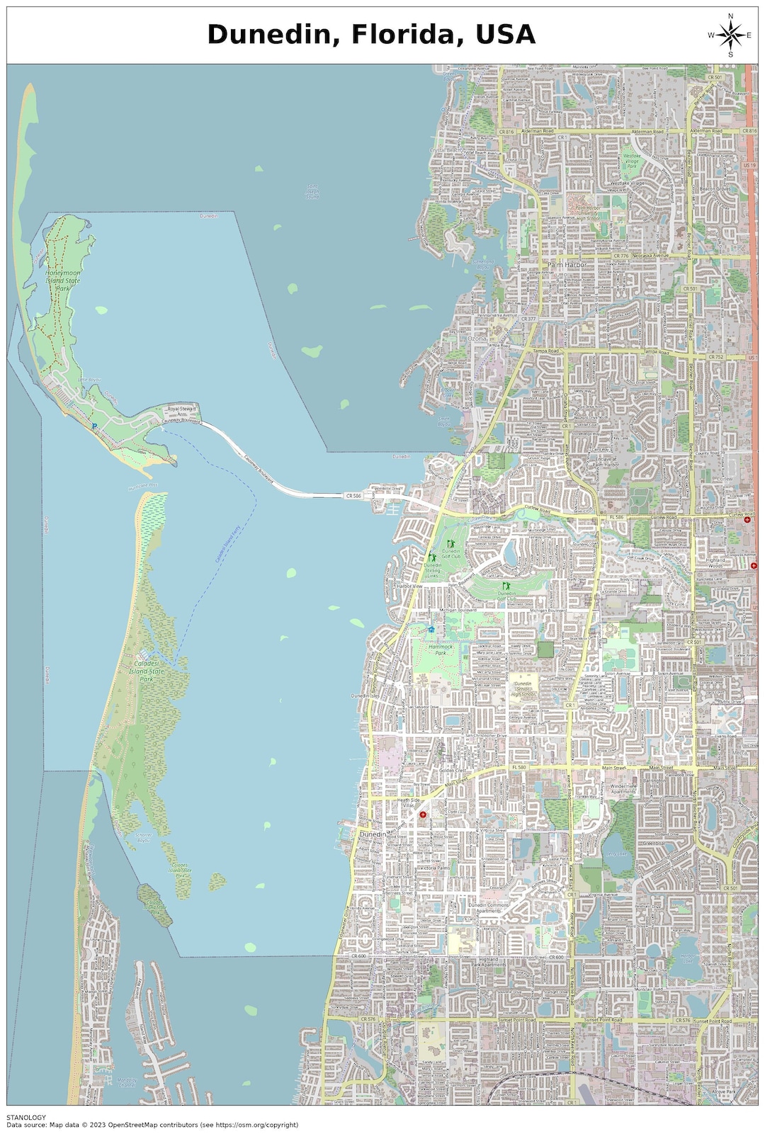 Dunedin, Florida Map With STREET LABELS, Digital Print Poster, Printable Map, City Street Road