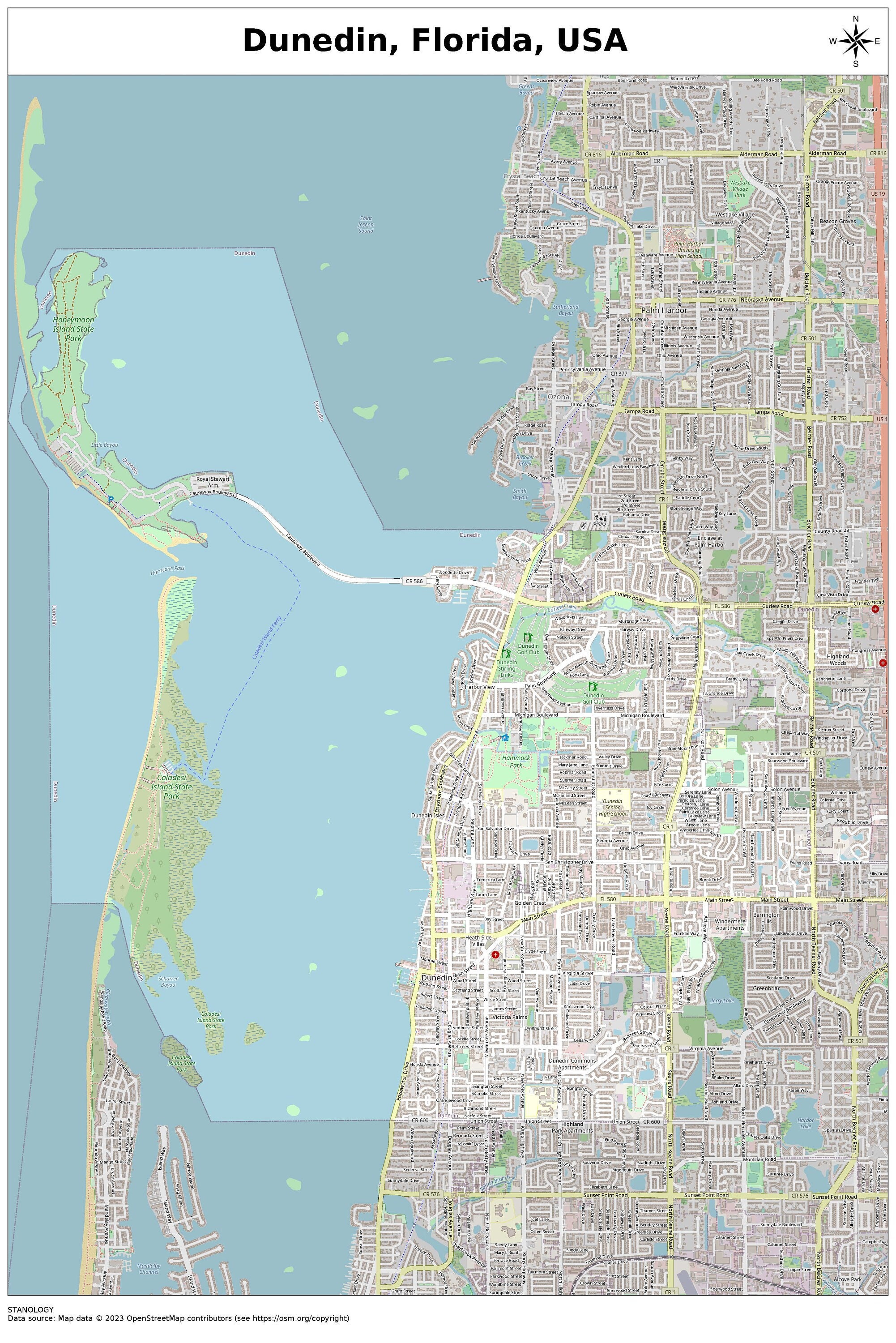 Dunedin, Florida Map With STREET LABELS, Digital Print Poster