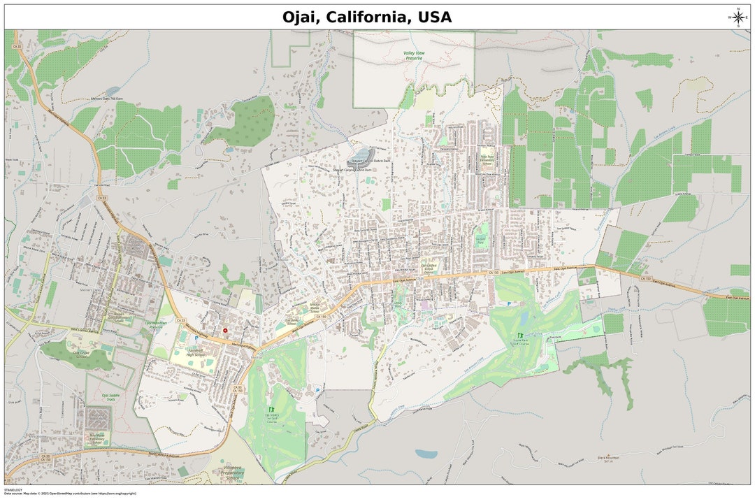 Ojai, California Map With STREET LABELS, Digital Print Poster