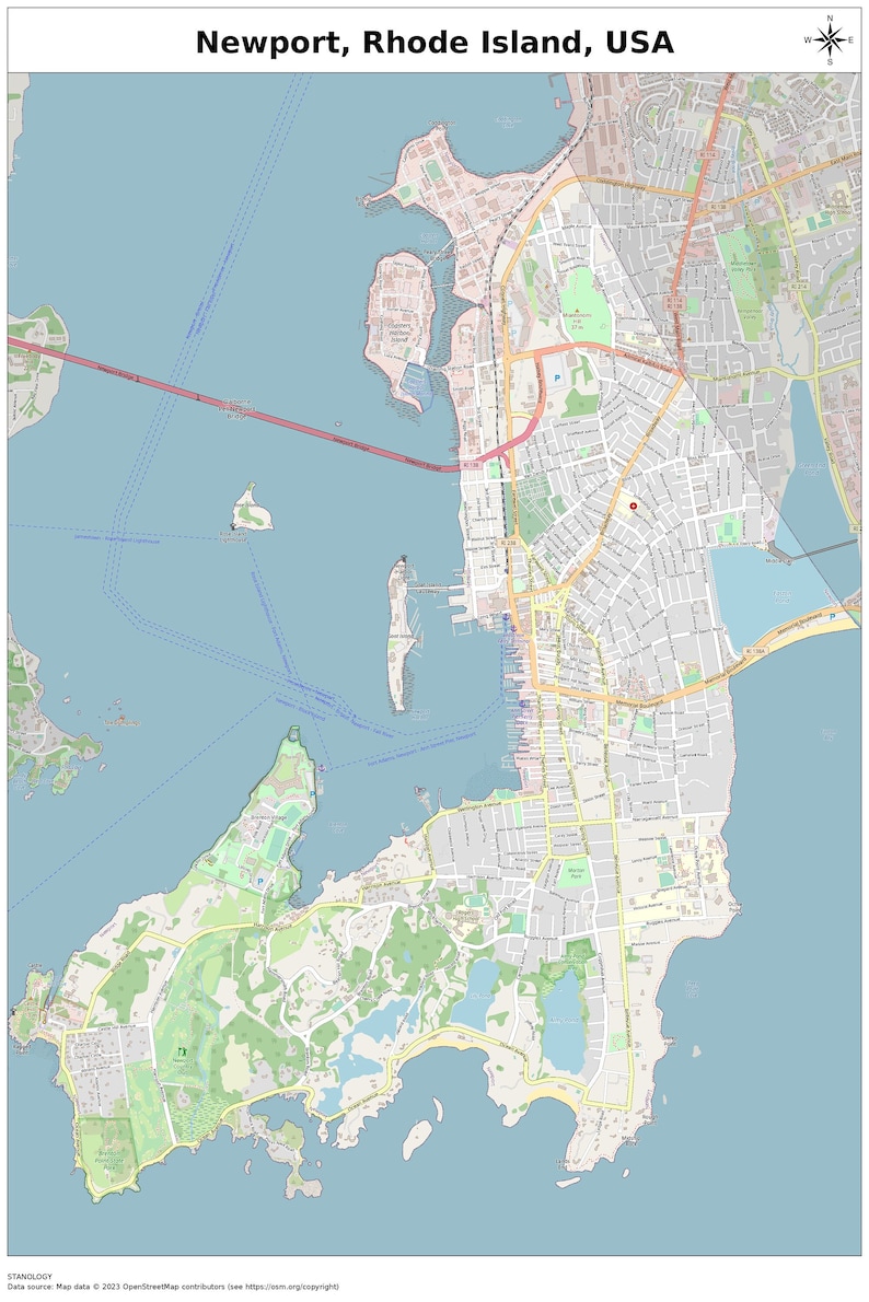 Newport Rhode Island Map With STREET LABELS, Digital Print Poster 