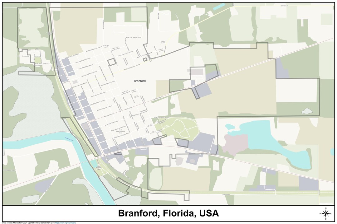 Branford Florida Street Map Digital Print Poster, 36x24 Inch
