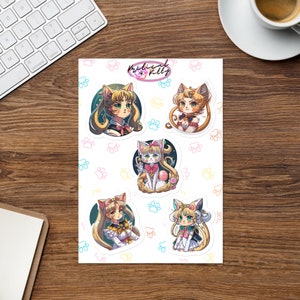 Sailor Meown | Sailor Scouts | 5 Sticker sheet | Sailor Guardian Anime | Sailor Meown | Sailor Cats