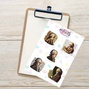 Mozart Stickers | 5 Sticker sheet | Great Composer Stickers | Music Lover Stickers | Wolfgang Amadeus Mozart | Kritical Kitty