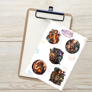 May include: Six round stickers featuring illustrations of fantasy characters and creatures. The stickers are white with a colorful paw print design around the edges. The text "Critical Kitty" is printed in pink on one of the stickers.