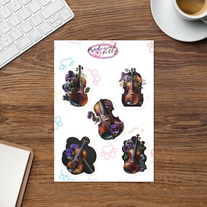 Violin & Flowers Stickers | 5 Sticker Sheet | Music Lover's Stickers | Kritical Kitty | Graphic Art Stickers