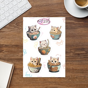 Ramen Cats | 5 Sticker sheet | Cute Cats in Bowls | Stickers for People Who Love Cats | Kritical Kitty | Kittens