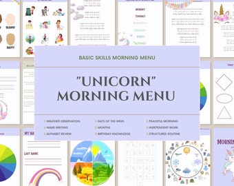 Homeschool Printables Morning Menu Activities: Homeschool Curriculum Worksheets Planner construction Kindergarten Preschool Unicorns