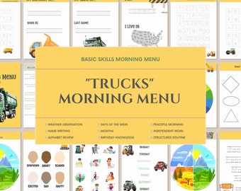 Homeschool Printables Morning Menu Activities: Homeschool Curriculum Worksheets Planner construction Kindergarten Preschool cars trucks