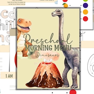 May include: A printable preschool activity sheet with a dinosaur theme. The sheet features a green dinosaur, a gray dinosaur, a volcano, and the words "Preschool Morning Menu Dinosaurs".