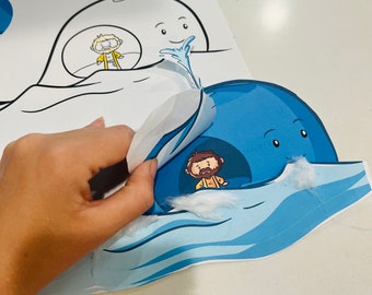 May include: A blue whale with a smiling face and a white cloud above it. A man with a beard is inside the whale's mouth. The whale is on a blue and white wavy background.