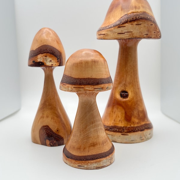 Set of 3 Handcrafted Birch Wood Mushroom Decor: Reclaimed Wood Art