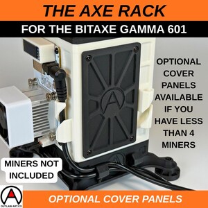 May include: A white and black Axe Rack for the Bitaxe Gamma 601, with the text "Optional Cover Panels Available If You Have Less Than 4 Miners". The rack has a black cover panel with the letter "A" in the center. The text "Miners Not Included" is also visible.