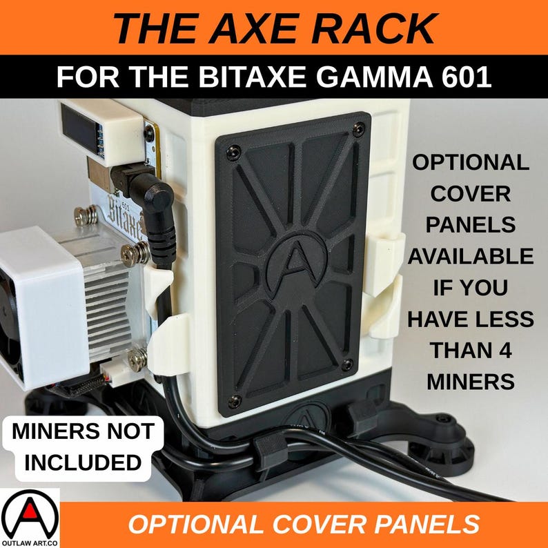 May include: A white and black Axe Rack for the Bitaxe Gamma 601, with the text "Optional Cover Panels Available If You Have Less Than 4 Miners". The rack has a black cover panel with the letter "A" in the center. The text "Miners Not Included" is also visible.