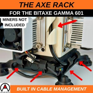 May include: A black and white Axe Rack for the Bitaxe Gamma 601, with built-in cable management. The image shows the rack with a fan and other components, with the text "MINERS NOT INCLUDED". The Outlaw Art logo is in the bottom left.
