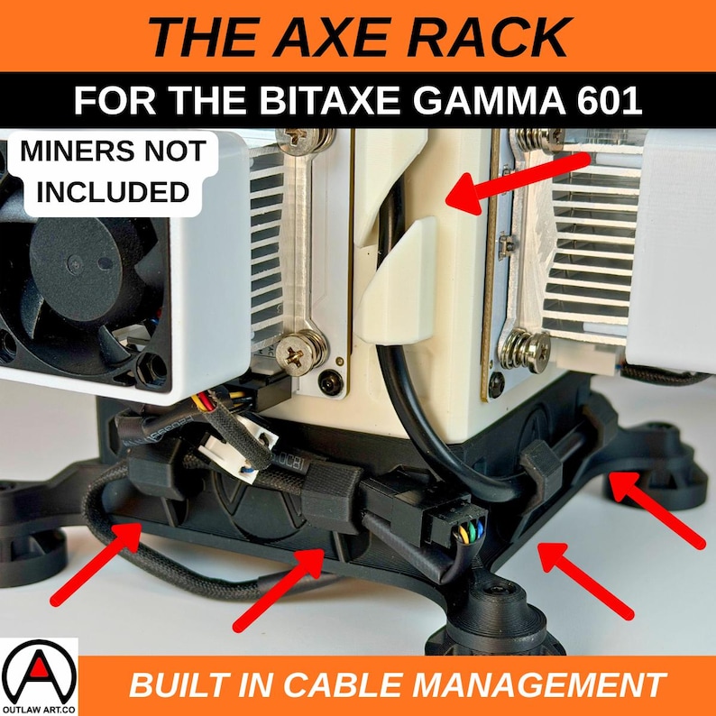 May include: A black and white Axe Rack for the Bitaxe Gamma 601, with built-in cable management. The image shows the rack with a fan and other components, with the text "MINERS NOT INCLUDED". The Outlaw Art logo is in the bottom left.