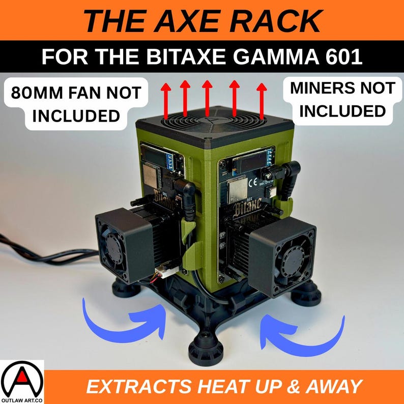 May include: An olive green and black Axe Rack for the Bitaxe Gamma 601, with text that reads "EXTRACTS HEAT UP & AWAY." The rack has two black fans and a black base. The text "80MM FAN NOT INCLUDED" and "MINERS NOT INCLUDED" is also visible.