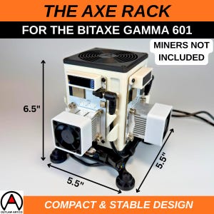 May include: A white and black Axe Rack for the Bitaxe Gamma 601, with dimensions of 6.5" high and 5.5" wide. The design includes a fan, heat sinks, and the text "MINERS NOT INCLUDED" and "COMPACT & STABLE DESIGN".