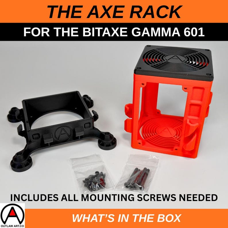 May include: An Axe Rack for the Bitaxe Gamma 601, featuring a black and red design. The image shows the rack components, including a black base and a red frame with a fan. The text "INCLUDES ALL MOUNTING SCREWS NEEDED" is visible.