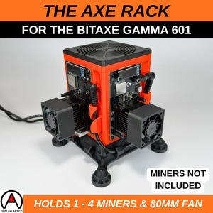 May include: An orange and black Axe Rack for the Bitaxe Gamma 601, with the text "THE AXE RACK" and "FOR THE BITAXE GAMMA 601". The rack holds 1-4 miners and an 80mm fan. The text "MINERS NOT INCLUDED" is also visible.