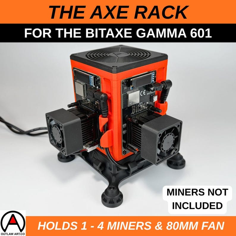 May include: An orange and black Axe Rack for the Bitaxe Gamma 601, with the text "THE AXE RACK" and "FOR THE BITAXE GAMMA 601". The rack holds 1-4 miners and an 80mm fan. The text "MINERS NOT INCLUDED" is also visible.