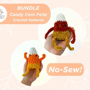 May include: A bundle of two crochet patterns for making candy corn fellas. The patterns are digital downloads and are no-sew. The image shows two crocheted candy corn figures, one in orange and yellow yarn and the other in orange, yellow, and brown yarn.