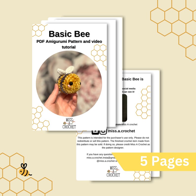 Pode incluir: Um padr&atilde;o de croch&ecirc; para um amigurumi de abelha b&aacute;sica. O padr&atilde;o est&aacute; dispon&iacute;vel para download em PDF e inclui um tutorial em v&iacute;deo. O padr&atilde;o &eacute; apenas para uso pessoal e o produto acabado pode ser vendido com cr&eacute;dito ao designer.