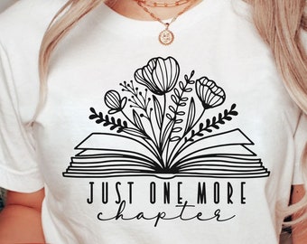 Livre avec des fleurs svg, svg juste un chapitre de plus, svg amateur de livres, svg rat de bibliothèque, dessin au trait floral, svg prof de lecture, svg chemise enseignant