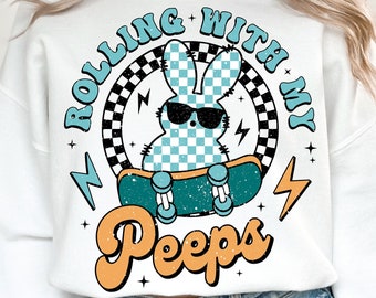 Rolling With My Peeps PNG, Pascua PNG, Skateboard Bunny PNG Diseños de sublimación, Retro Easter Png, Boy Easter png, Easter Kids Shirt Png