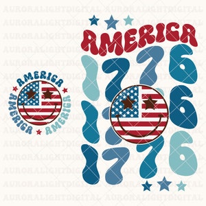 Pode incluir: Um design digital com uma bandeira americana vermelha, branca e azul em forma de rosto sorridente com estrelas como olhos. As palavras "America" e "1776" est&atilde;o escritas em um estilo de fonte retr&ocirc;. O design &eacute; cercado por formas azuis e azul claro.