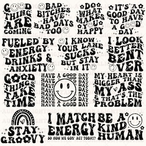 K&ouml;nnte beinhalten: Ein digitaler Download von 10 Grafikdesigns im Retro-Stil mit motivierenden und humorvollen Spr&uuml;chen. Die Designs zeigen schwarzen Text auf wei&szlig;em Hintergrund mit Smileys und anderen dekorativen Elementen.