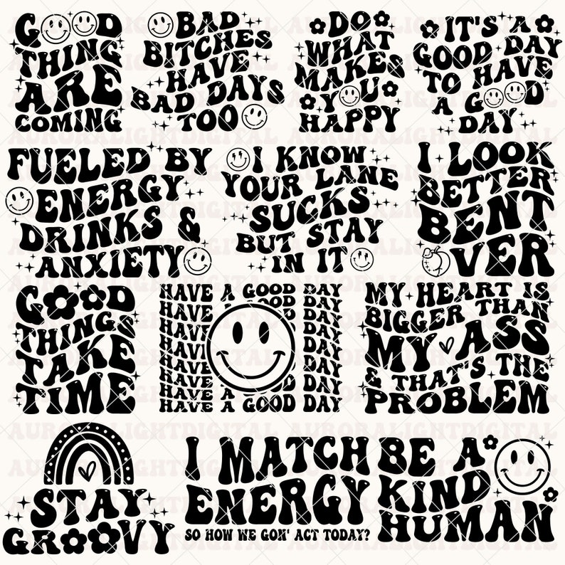 K&ouml;nnte beinhalten: Ein digitaler Download von 10 Grafikdesigns im Retro-Stil mit motivierenden und humorvollen Spr&uuml;chen. Die Designs zeigen schwarzen Text auf wei&szlig;em Hintergrund mit Smileys und anderen dekorativen Elementen.