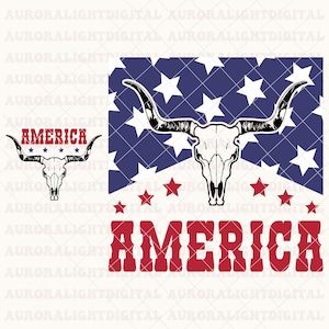 May include: A red, white, and blue American flag with a white bull skull and horns in the center. The words "AMERICA" are written in red below the flag.