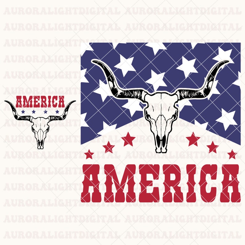 May include: A red, white, and blue American flag with a white bull skull and horns in the center. The words "AMERICA" are written in red below the flag.