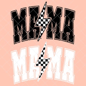 Puede incluir: Dise&ntilde;o gr&aacute;fico en blanco y negro con la palabra "MAMA" en letras negritas y un rayo a cuadros en el centro. El dise&ntilde;o se repite en blanco sobre fondo negro.