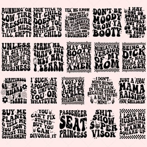 May include: A set of 18 digital designs featuring bold, black text with various phrases and sayings. The designs are set against a pink background with a checkered pattern.