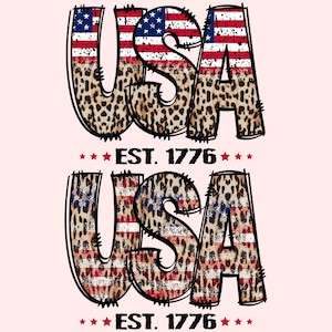 May include: USA graphic with red, white, and blue American flag pattern and leopard print. The text "EST. 1776" is below the graphic.