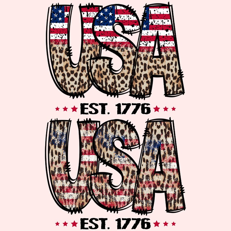 May include: USA graphic with red, white, and blue American flag pattern and leopard print. The text "EST. 1776" is below the graphic.