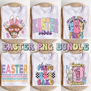 Puede incluir: Un conjunto de seis diseños digitales con motivos de Pascua. Los diseños incluyen una vaca de las Tierras Altas con orejas de conejo, un fondo a cuadros con el texto "Easter", un gráfico con el texto "Easter Vibes", un gráfico con el texto "Chillin' with my peeps", un gráfico con el texto "Oh for peeps sake", y un gráfico con el texto "Easter on off season".