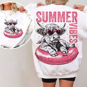 Vibraciones de verano Png, Diseño de vaca Highland Png, Diseño de camisa de verano retro, Estampado de camisa de playa divertida, Diseño de sublimación de verano, Gráfico de playa Png