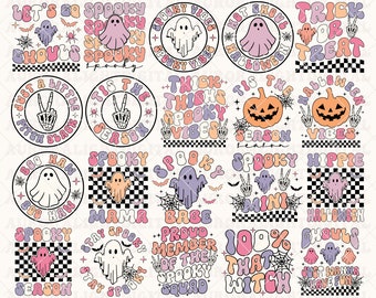 Pacote retro de Halloween SVG, vetor de Halloween, bruxa Svg, fantasma Svg, camisa de Halloween Svg, abóbora Svg Cricut, Hippie Svg, designs de sublimação