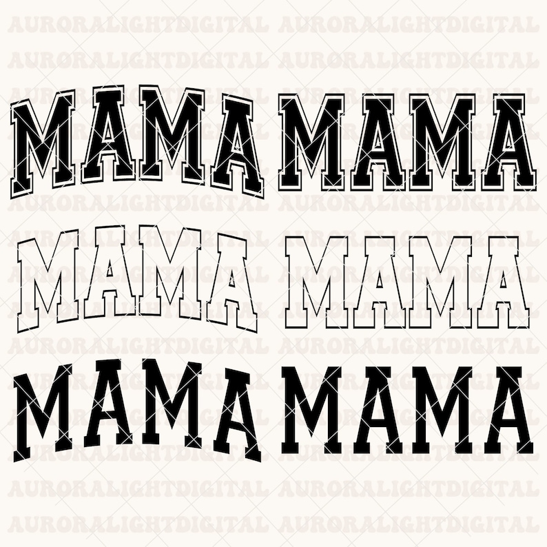 May include: Four variations of the word "MAMA" in a black and white varsity style font. The word is repeated four times, with each instance having a different colour scheme.