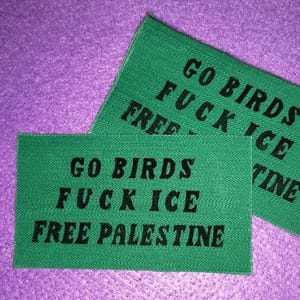 May include: Two green fabric patches with black text. The text on the patches reads "GO BIRDS FUCK ICE FREE PALESTINE". The patches are on a purple background.