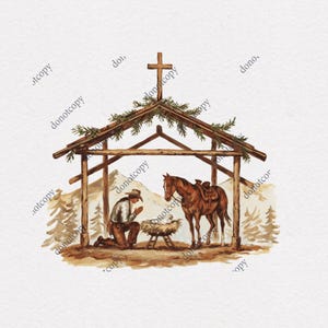 Praying Cowboy at Manger Christmas Western Instant Digital Download | Trendy Western Designs, Western PNG, Trendy Shirt PNG Downloads