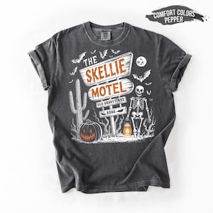Skellie Motel Halloween Tee: Spooky Skeleton Graphic Shirt