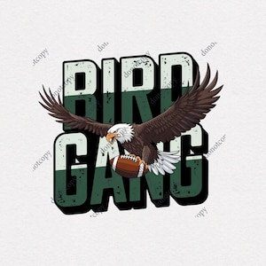 Może przedstawiać: Zielony i czarny projekt graficzny z napisem "Bird Gang" i orłem bielikiem trzymającym piłkę nożną.